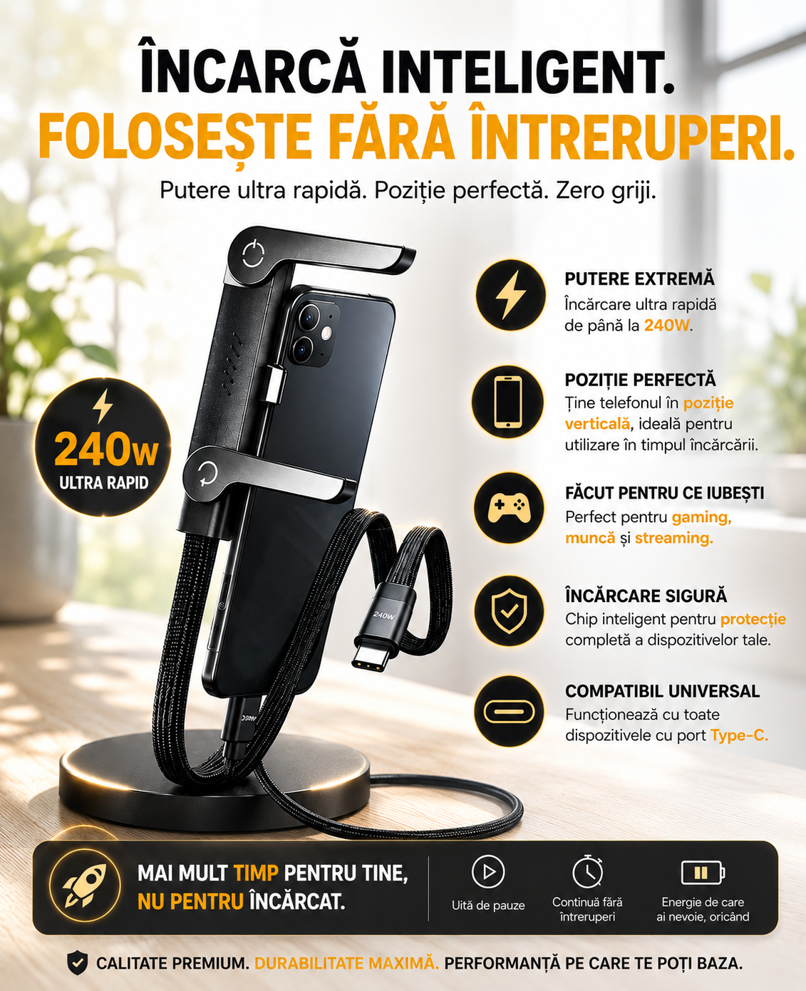 Suport Telefon cu Încărcare Rapidă 240W USB-C – Reglabil și Pliabil