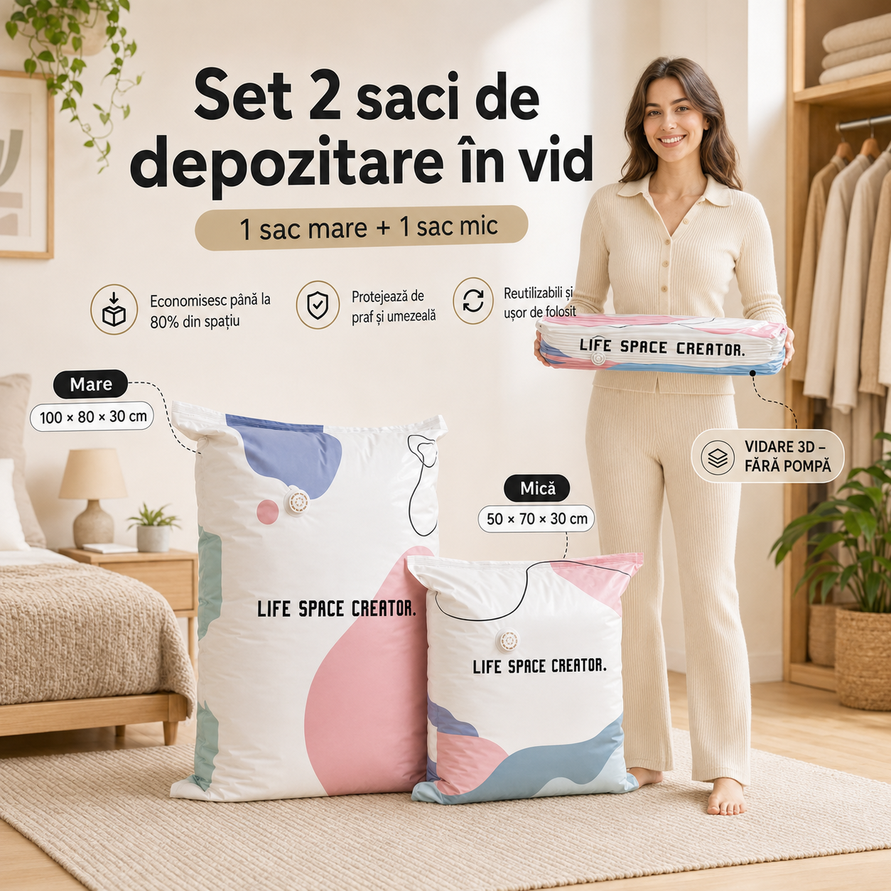 SpaceMax™ ⭐ | OFERTA 1+1 GRATIS – Saci 3D pentru Vidat și Depozitare, Fără Pompă