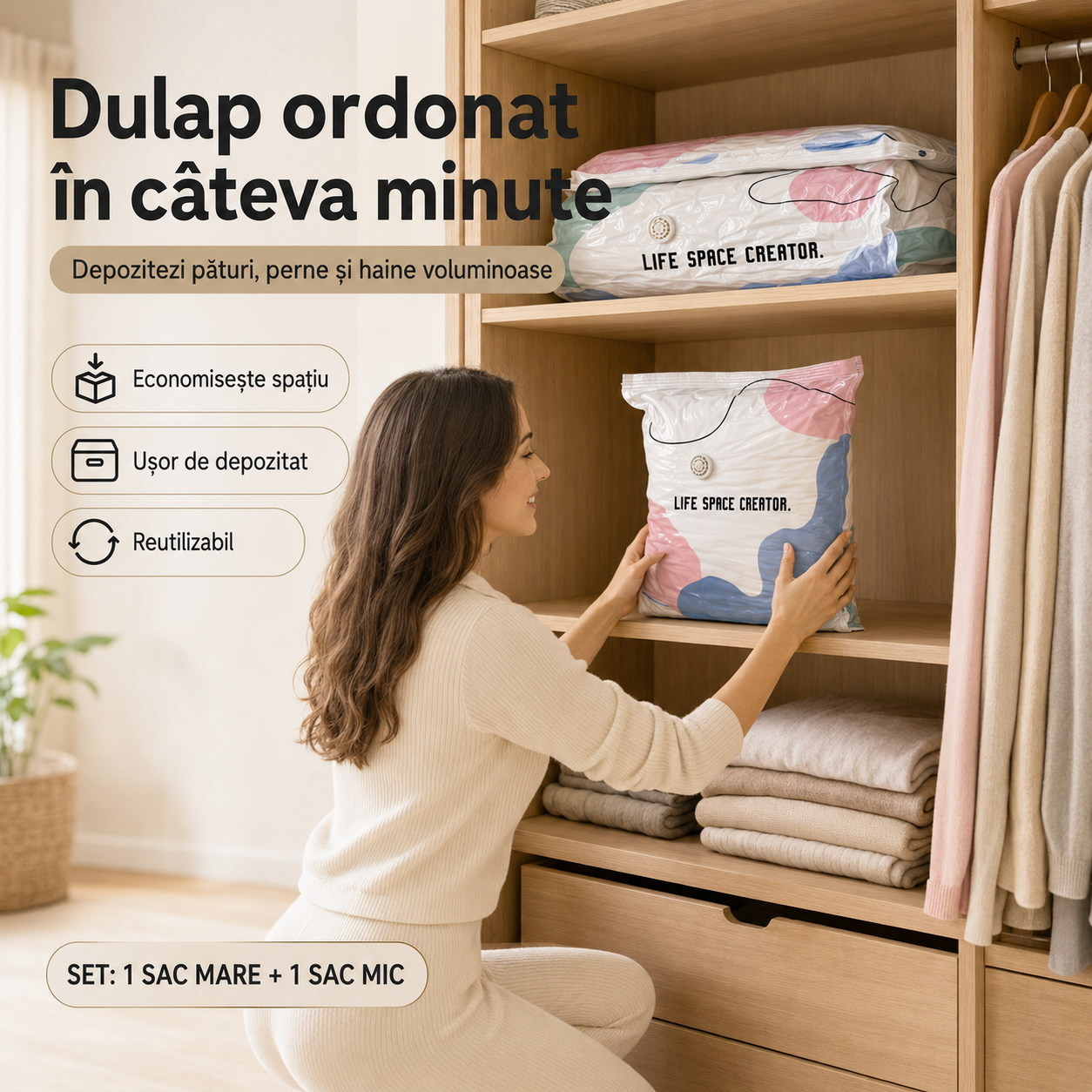 SpaceMax™ ⭐ | OFERTA 1+1 GRATIS – Saci 3D pentru Vidat și Depozitare, Fără Pompă