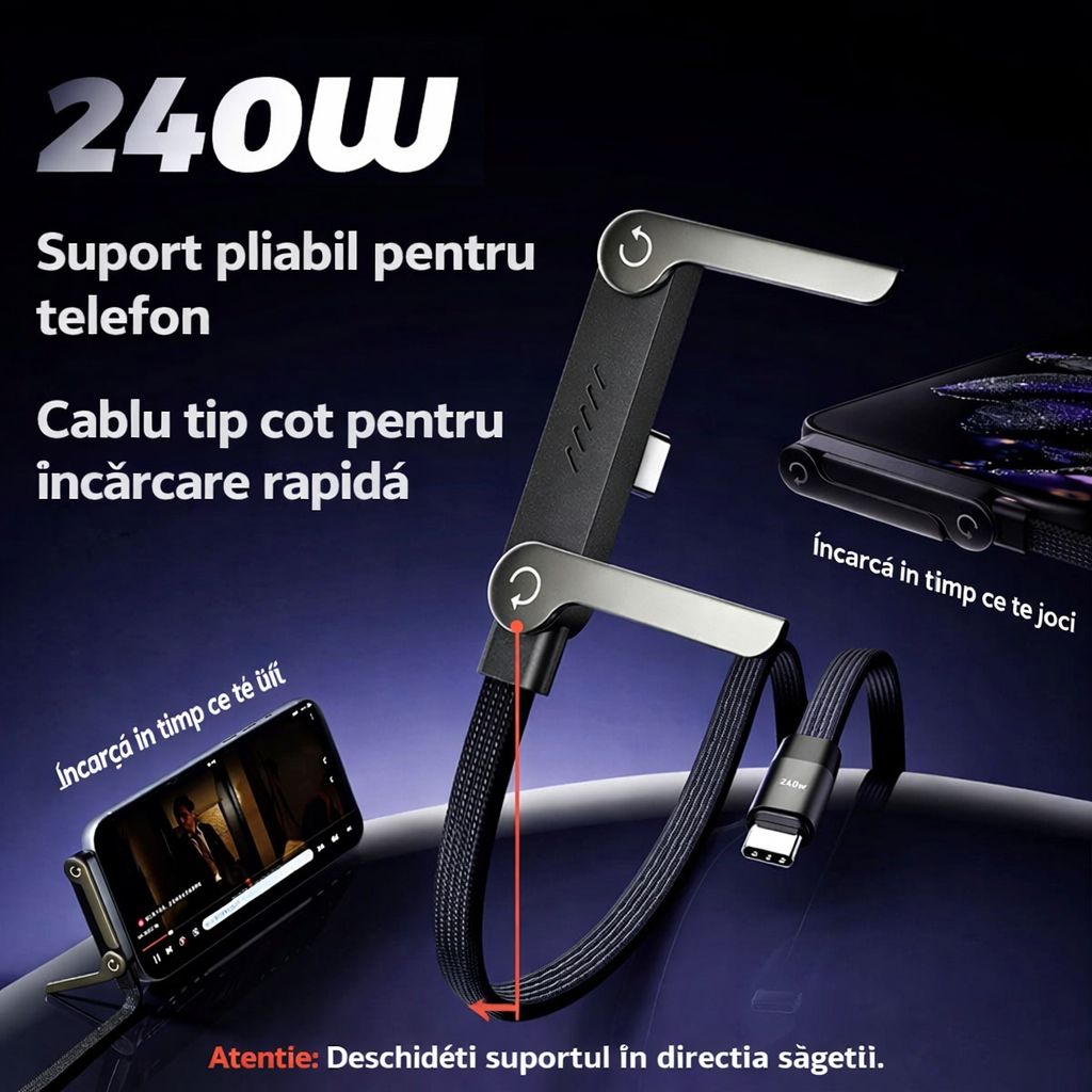 Suport Telefon cu Încărcare Rapidă 240W USB-C – Reglabil și Pliabil