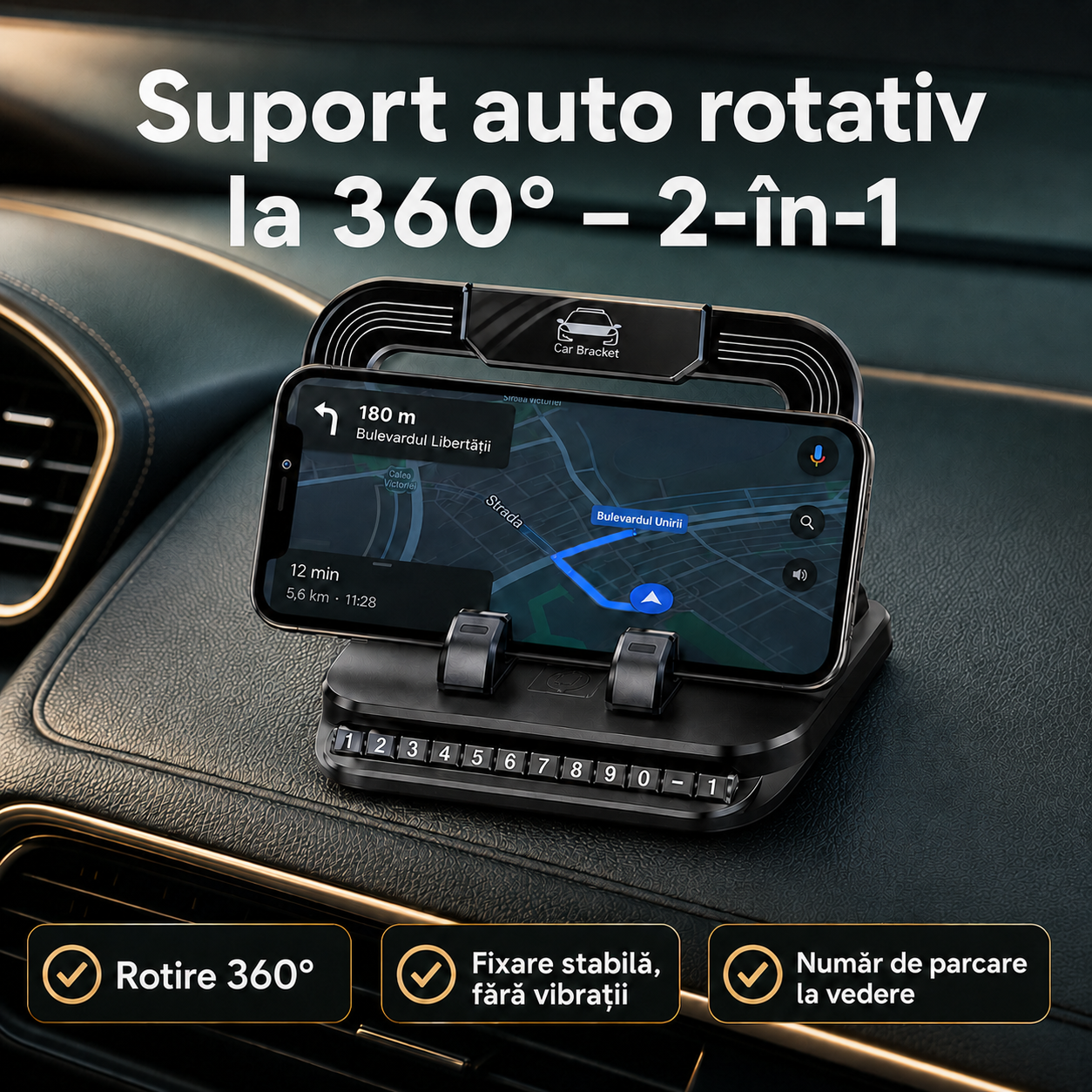 Suport Auto 2 în 1, Rotativ la 360° – Fixare Sigură pentru Telefon